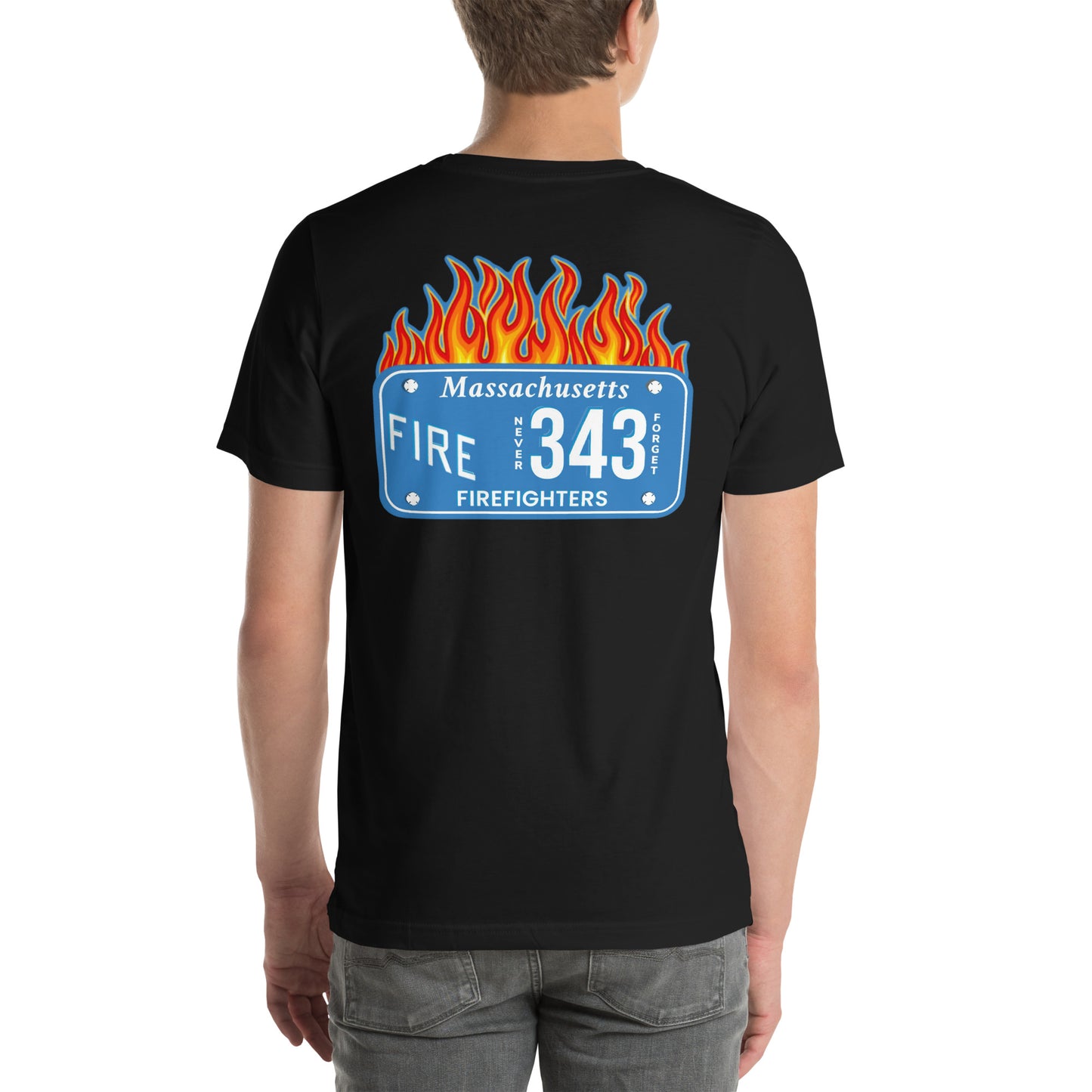 Unisex t-shirt Mass Firefighters Never Forget License Plate