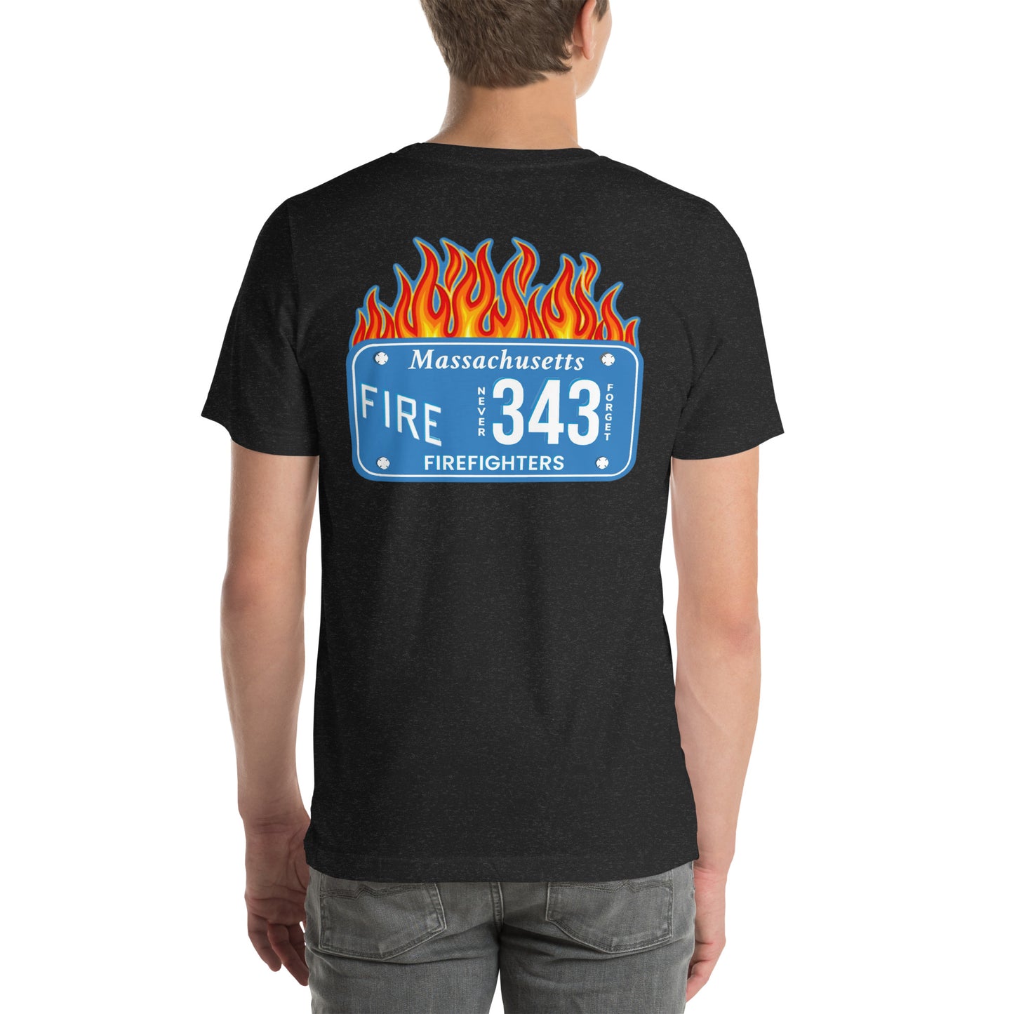 Unisex t-shirt Mass Firefighters Never Forget License Plate