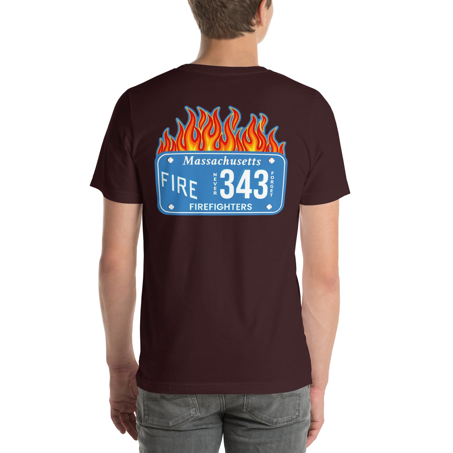 Unisex t-shirt Mass Firefighters Never Forget License Plate